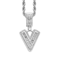 Detail of iced-out V letter pendant with baguette-cut zircons and rope chain - Letter V Silver + 60cm Rope Chain