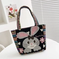 Ethnic style black canvas tote bag featuring cute rabbit embroidery and colorful handles - Rabbit