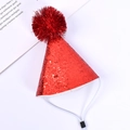 Sparkly red sequin pet birthday hat with pom-pom and adjustable chin strap for party - Encrypted Glitter Pom Pom Hat / Red