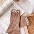 Brown ribbed knit socks featuring elegant pearl and flower bead embellishments - One Size (EU 34-39) / Light Coffee