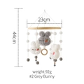 Baby crib mobile featuring grey and white plush bunnies with wooden ring for nursery - Grey Bunny Mobile
