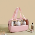 Pink macaron travel toiletry bag with clear PVC window and sturdy PU leather handles - Medium / Pink