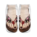 Detail of white ankle socks featuring 3D flip-flop print with pink flower straps - Fabric