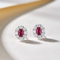 Elegant oval red ruby stud earrings with sparkling white zircon halo in S925 silver - Red Diamond Oval Flower Earrings Led-140