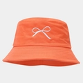 Detailed close-up of orange cotton bucket hat featuring white bow embroidery - One Size / Orange