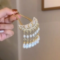 Elegant U-shaped gold hairpin with pearls, floral motifs and hanging pearl tassels - Pearl Crescent Moon Hair Stick