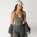 Slim fit dark olive green ribbed knit tank top bodysuit for women in Y2K fashion style - Army Green