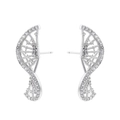 Macro shot of curved silver earrings with detailed pavé set white cubic zirconia stones - Abstract Techwear Wing (VE1420) / White Gold