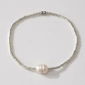Bohemian silver square beaded bracelet featuring a large white baroque pearl accent - Silver Square Beads Single Baroque Pearl (MI-B24110401B)