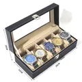Black leather 5-slot watch box with transparent window and decorative stitching - 5-Slot Watch Box