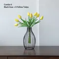 Minimalist black metal line vase set with eight vibrant yellow tulips for home decor - Black Vase + 8 Yellow Tulips / Black