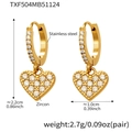 Detailed view of gold heart earrings with zircon inlay and stainless steel texture - Gold Heart Hoop