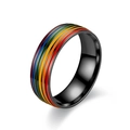 Close-up of black titanium steel ring with vibrant rainbow enamel stripes detailing. - Rainbow Oil Drip Ring Black (A481--DC-32)