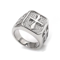 Detailed view of silver stainless steel ring with gothic cross relief and stone texture - US 14 / Silver