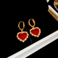 Vintage red heart earrings with gold metal rim and sparkling crystal accents - Rhinestone Heart Ear Hook Style (55# Gold-Red)