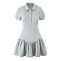 Short sleeve grey knit polo dress with bubble sleeves and a ruffled bubble hemline - S / Gray
