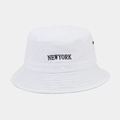 Detail of New York embroidery and metal eyelets on white vintage cotton bucket hat - One Size / White
