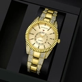 Detailed close-up of a gold ZHPEER quartz watch with crystals in a black gift box - Gold Watch