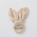 Baby teething ring with beige cotton muslin bunny ears and smooth natural wooden ring - Khaki