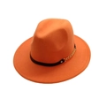 Close-up of bright orange felt fedora featuring black leather band and gold metal chain - One Size / Dark Orange