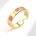 Minimalist adjustable gold ring with pink enamel hearts and polished finish - Pink Heart Style (AJ761)
