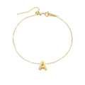 Detail of a 14k gold plated stainless steel anklet with a 7mm letter A pendant - Letter A / Gold