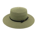 Detail of olive green straw boater hat with wide brim, black band and bronze metal buckle - M (56-58cm) / Army Green