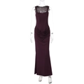 Detail of elegant deep purple ruched evening gown with sleeveless slimming fit - S / Burgundy