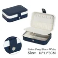 Navy blue and white PU leather jewelry box organizer with secure snap button closure - Medium (16x11x5cm) / Blue & White