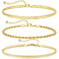 Three-piece gold plated stainless steel anklet set with Figaro and snake chains - Gold Figaro Rope Snake 3-Piece Set