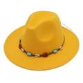Close-up of yellow felt jazz hat with bohemian beads and turquoise stone decorative band - M (56-58cm) / Yellow