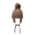 Cozy brown knitted winter hat for children featuring a fluffy pom-pom and warm ear flaps - Brown