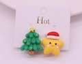 Detail of cute Christmas tree and smiling star clip-on earrings for kids with festive hats - 22# Asymmetric Xmas Tree & Star / Clip-on Earrings Pair