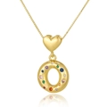 Detailed close-up of golden heart necklace featuring a round pendant with colorful zircons - Letter O