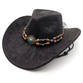 Chapeau de cowboy classique en daim noir avec bande en perles de bois et pierre bleue - M (56-58cm) / Noir