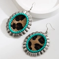 Vintage bohemian turquoise and leopard print oval drop earrings with silver scalloped trim - Oval Leopard Style 1