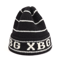 Detail of thick black and white striped knit beanie featuring BG XBG lettering - One Size (Elastic) / White Letter