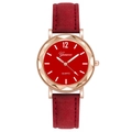 Women quartz watch with deep red dial, faceted rose gold bezel and suede strap - Red