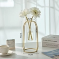 Minimalist gold geometric metal frame with clear glass tube vase for home decor - Tall Round Vase + 2 White Gerberas / Gold