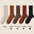 5-pack cotton ribbed crew socks in beige, camel, mocha, caramel, and black colors - One Size