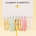 5-piece gold earring set with resin hoops and white pearls on a white display card - Green Pink Pearl Hoop Five Pairs (14)