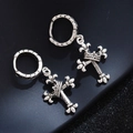 Retro silver cross crown hoop earrings with vintage finish and intricate metal texture - EH0047-Retro Cross Crown