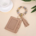 Beige silicone bead bracelet keychain with leopard print card holder and tassel detail - Khaki
