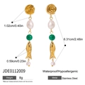 18K gold stainless steel long drop earrings with green beads, pearl and fish charms - Gold Fish Pearl Green Bead Style (JDE0112009)