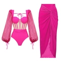 Neonpinker langärmliger Badeanzug mit Mesh-Ausschnitten und Wickelrock mit hohem Schlitz - S / Netz-Bodysuit-Set / Rosenrosa