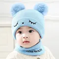 Sky blue baby winter knit hat and scarf set with cute double pompoms and eyes embroidery - One Size / Squinting Style / Blue
