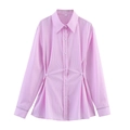 Close-up of pink striped shirt showing lapel collar and waist pleat details - S / Pink