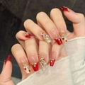 Weihnachts-Press-on-Nägel in Rot und Gold mit handgemaltem Herz und 3D-Zirkon-Details - Groß (L)