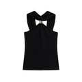 Detail of black halter top with gold square buckles and fine knitted texture - Black