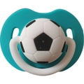 Teal baby pacifier featuring a 3D soccer ball design and ergonomic white handle - All Silicone Ball Pacifier / Turquoise Green